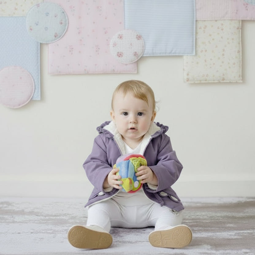 Baby sitting on a wooden floor holding a colorful toy, with a decorative wall of squares in the background.
