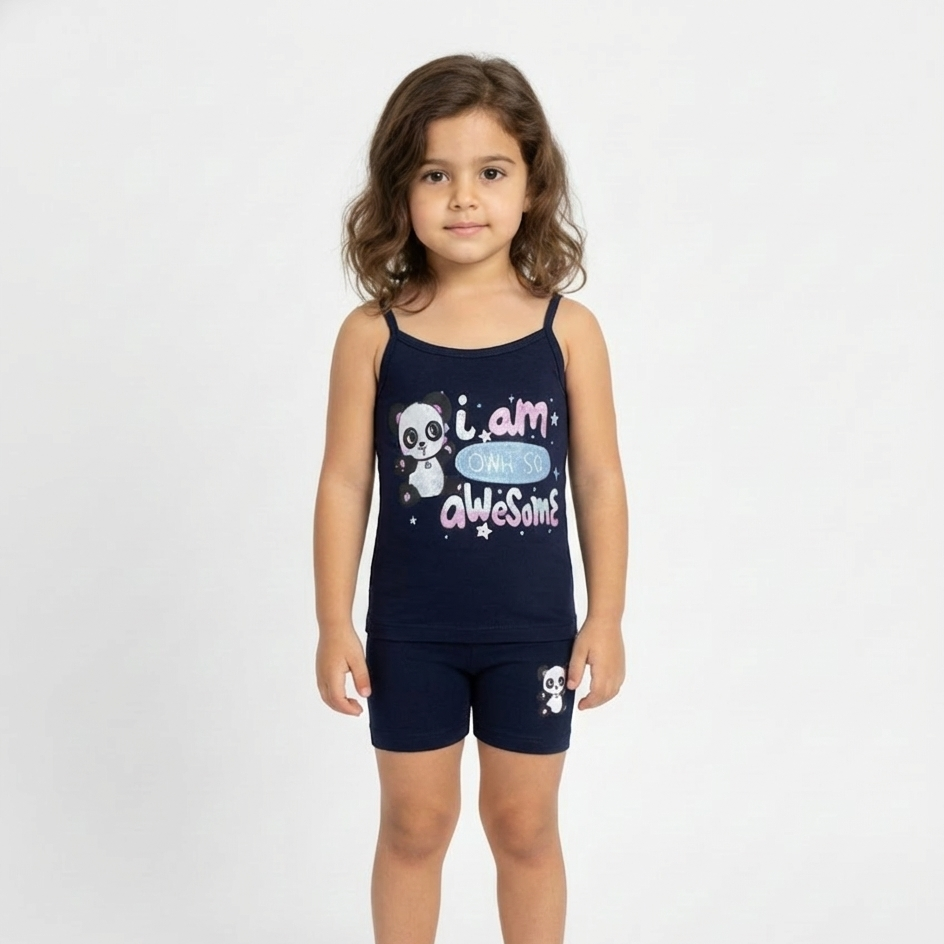 Young girl wearing a navy blue tank top and shorts underwear set with a panda design on a white background
