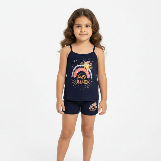 Young girl wearing a navy blue tank top and shorts set with rainbow and sun design on a white background