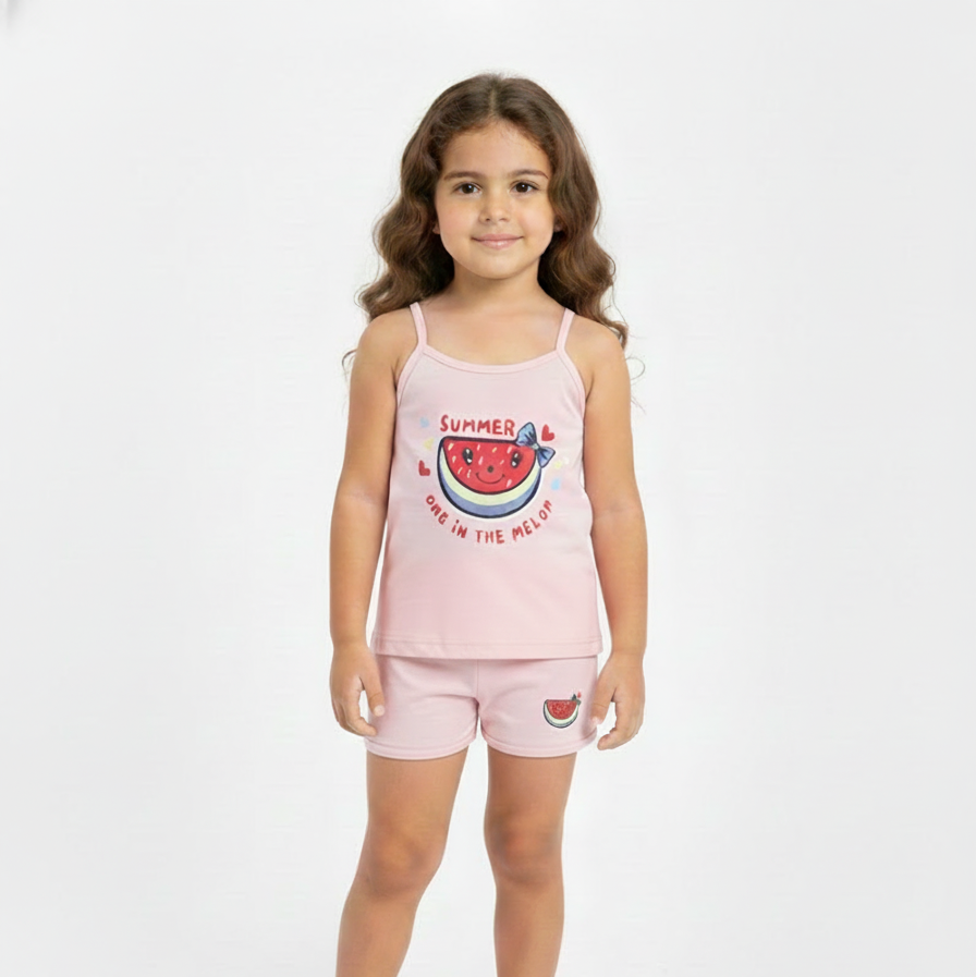 Young girl wearing a pink sleeveless top and shorts set with watermelon design on a white background
