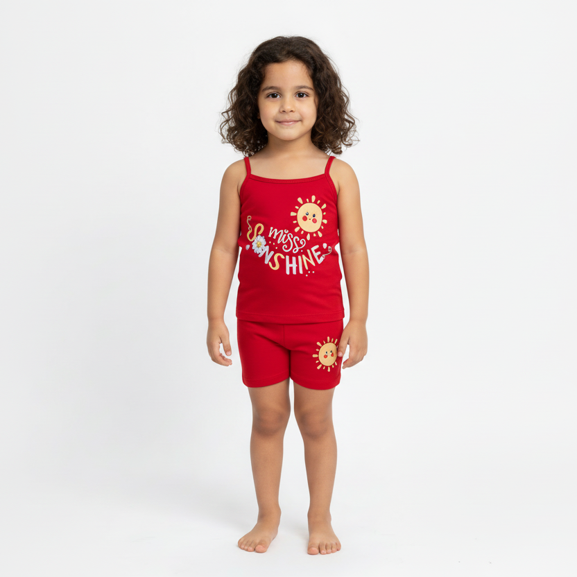 A girl wearing  a red underwear set with a sun design on a white background