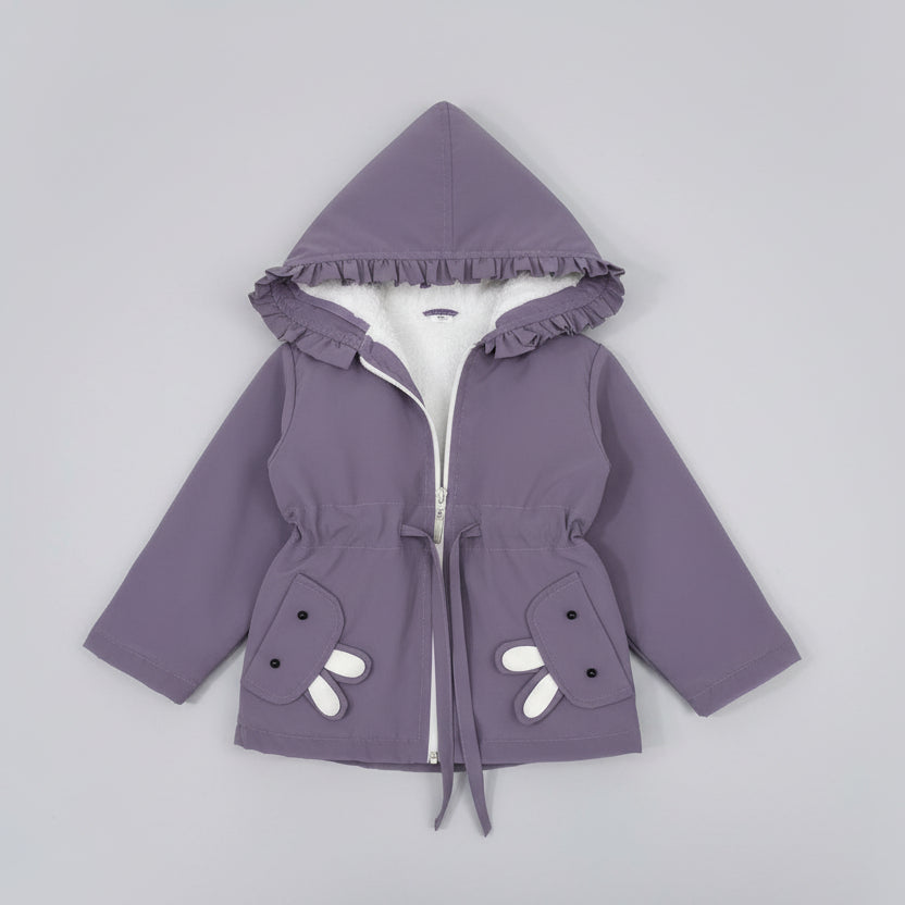Purple children's coat with bunny ears on a gray background, featuring Rand Baby logo.
